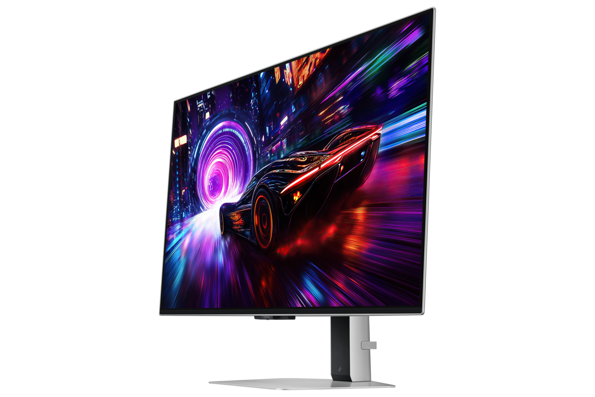 Futurystyczny samochód pędzi przez neonowe miasto z fioletowymi wirami.