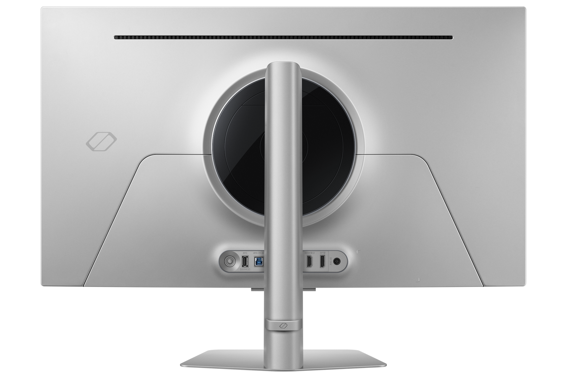 Tył srebrnego monitora z portami: USB, HDMI, DP i zasilania.