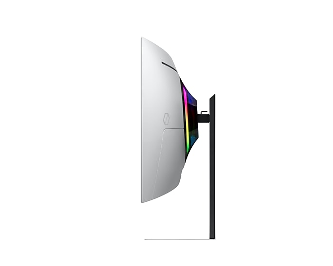 Biały monitor z oświetleniem RGB na stojaku.