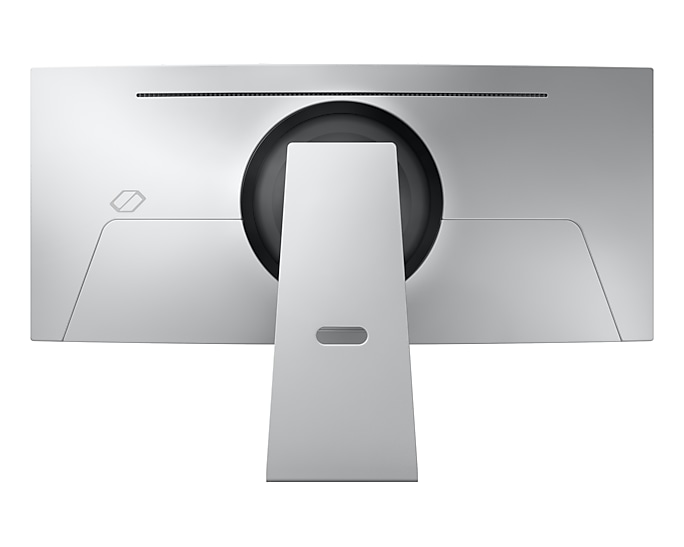 Tył srebrnego monitora z szeroką podstawą i logo po lewej stronie.