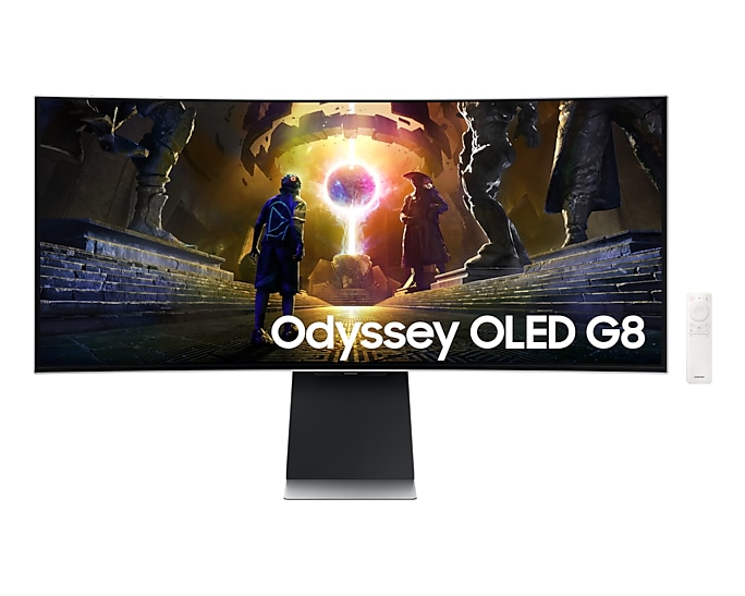 Zakrzywiony monitor Odyssey OLED G8 wyświetlający futurystyczny ekran gry, z pilotem.
