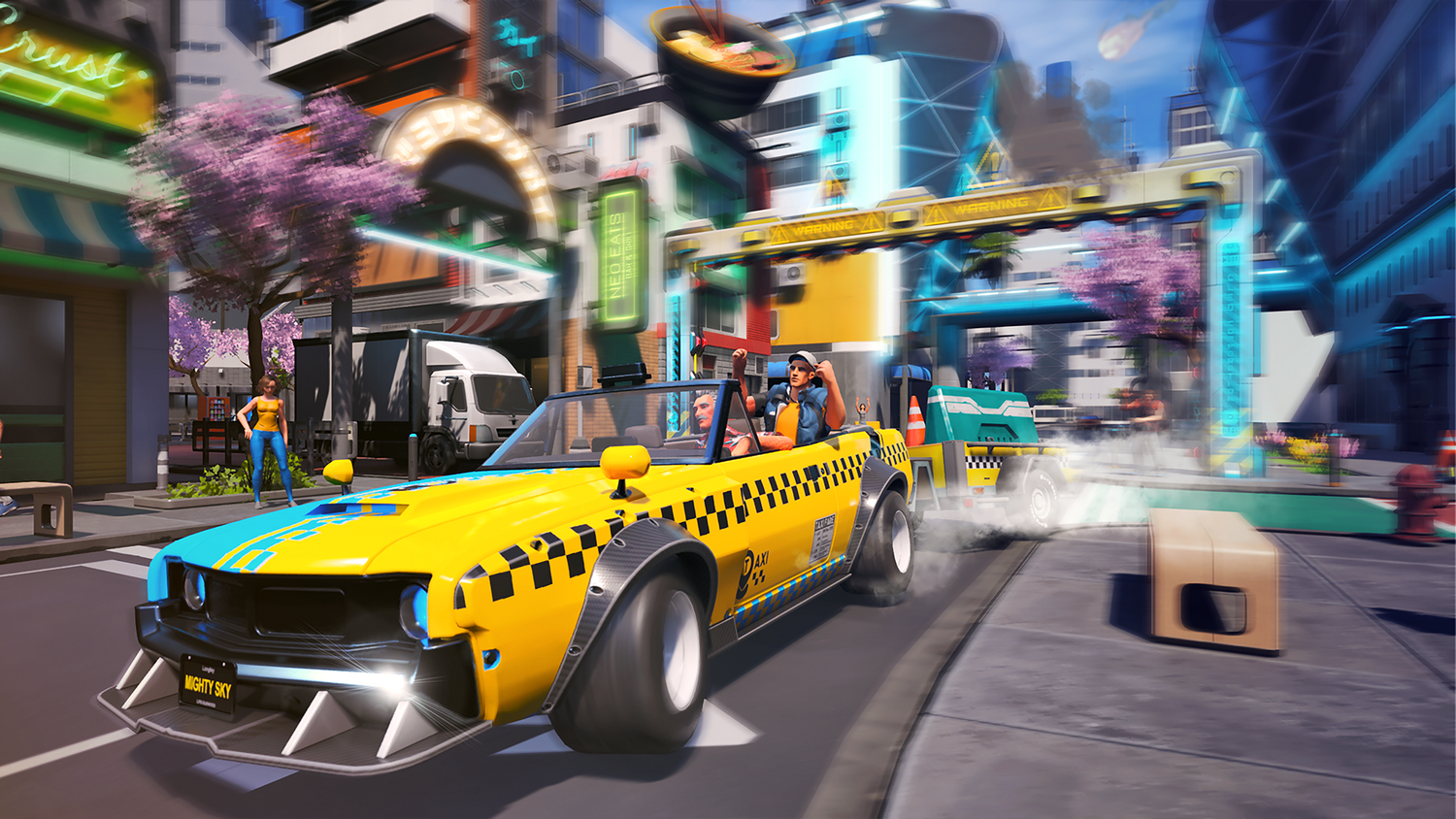 Un taxi amarillo con dos ocupantes atraviesa una ciudad futurista con árboles rosas.