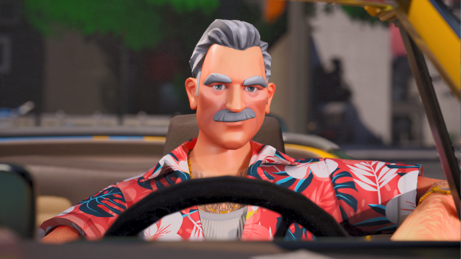 Un hombre de dibujos animados con bigote y cabello gris conduce un coche.