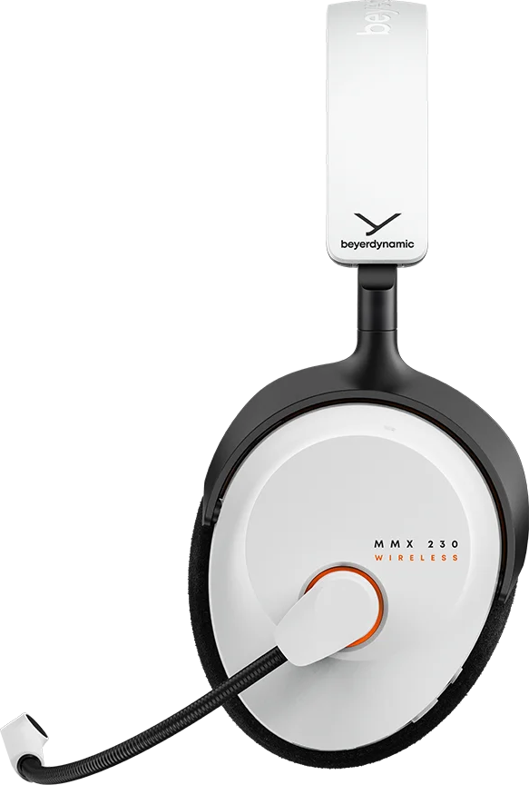 Un auricolare wireless Beyerdynamic MMX 230 bianco con microfono.