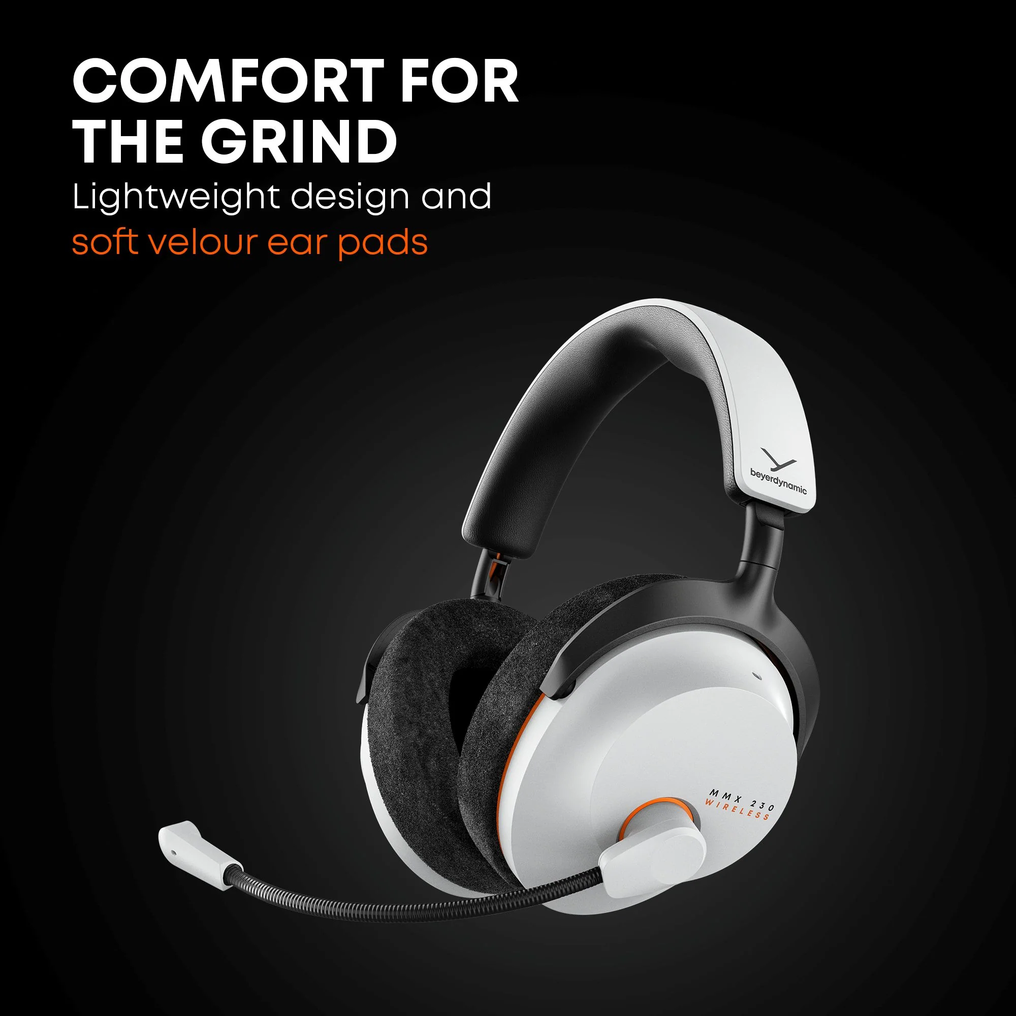 Un headset wireless beyerdynamic MMX 230 bianco con microfono su sfondo nero.