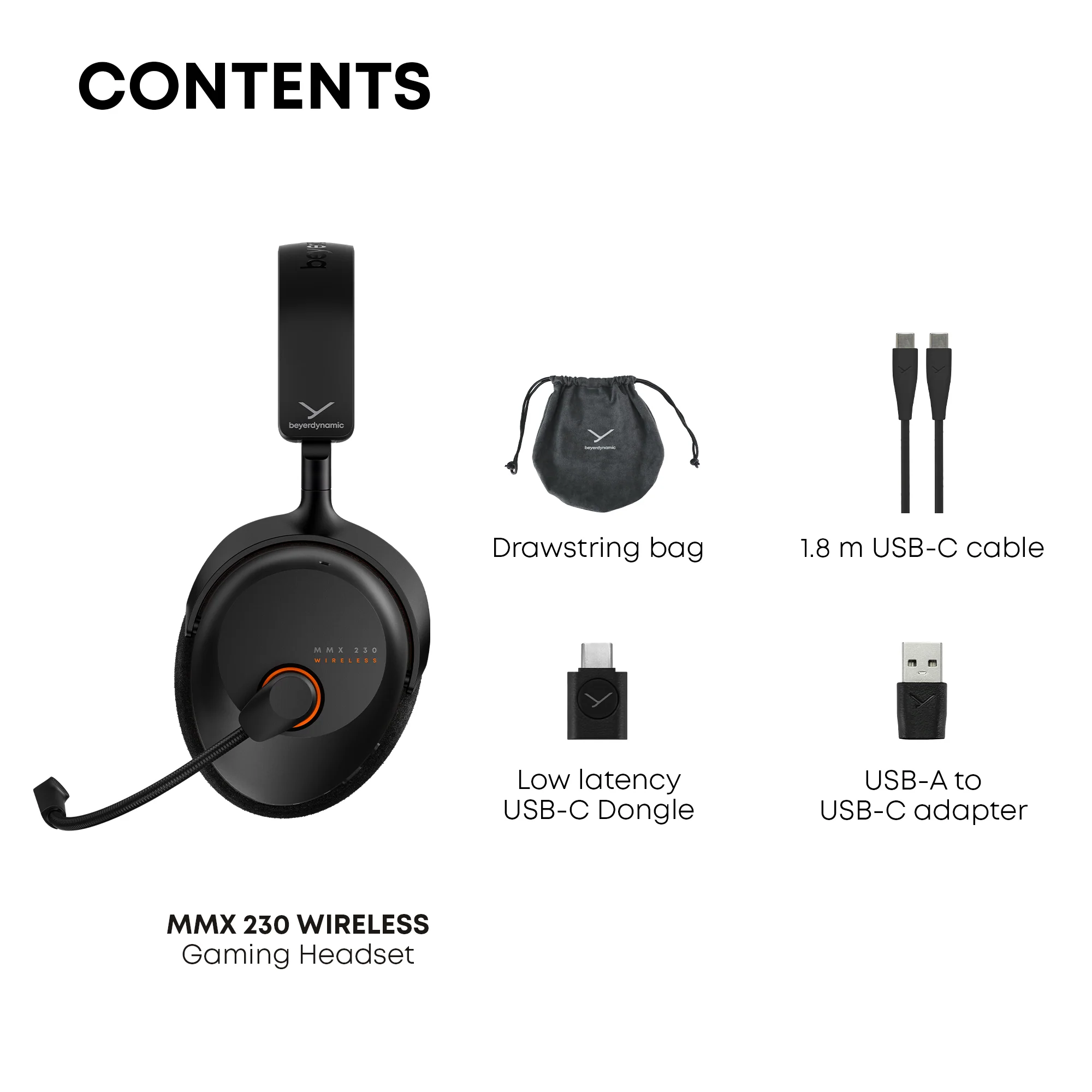 Cuffie da gaming Beyerdynamic con accessori: borsa, cavo, dongle e adattatore.