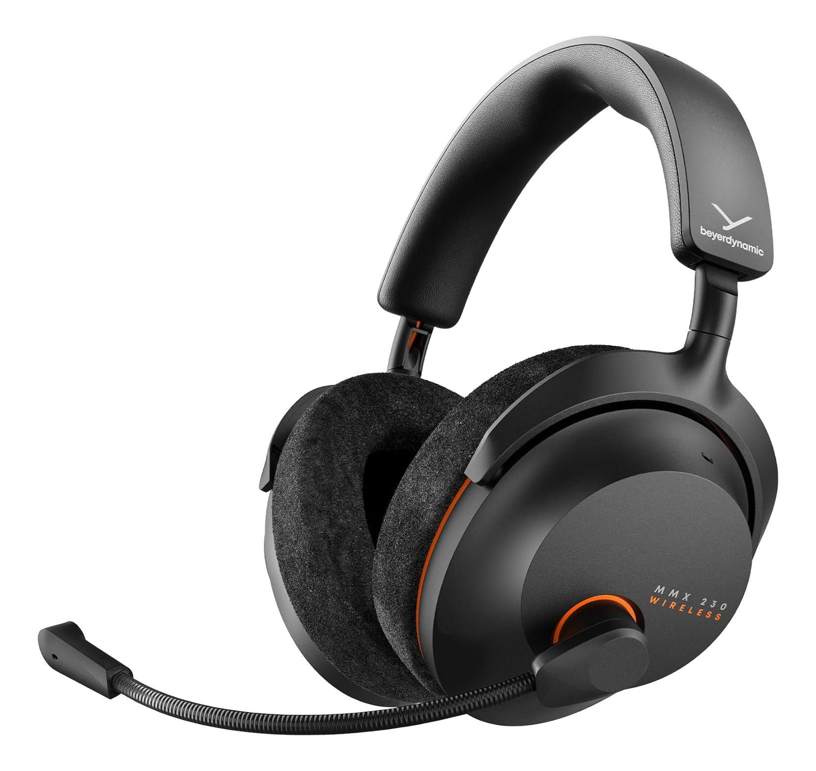 Cuffie gaming wireless Beyerdynamic MMX 230 nere con accenti arancioni e microfono.