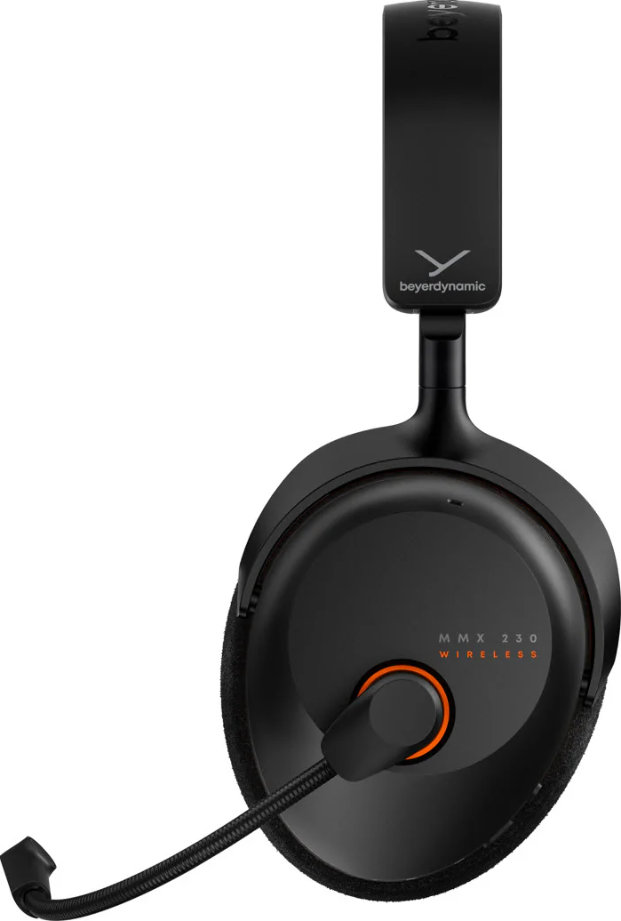 Cuffie nere con microfono, scritta "MMX 230 WIRELESS".