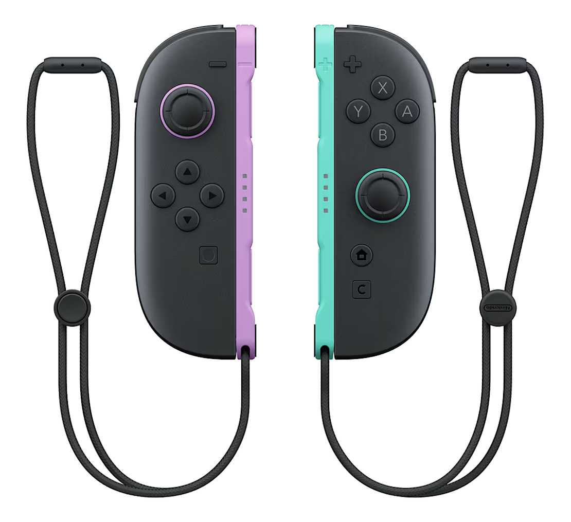 Zwei Nintendo Switch Joy-Con Controller, lila und türkis, mit schwarzen Trageschlaufen.