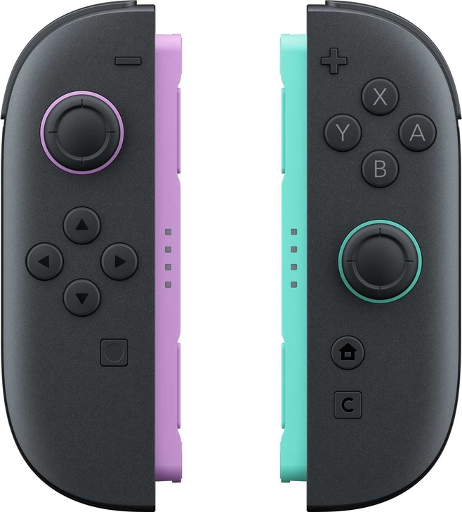 Ein Paar Nintendo Switch Joy-Con-Controller, einer lila und einer teal, nebeneinander gezeigt.