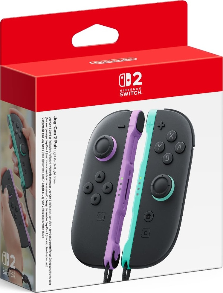 Nintendo Switch Joy-Con Controller in Hellviolett und Hellgrün, im Karton.