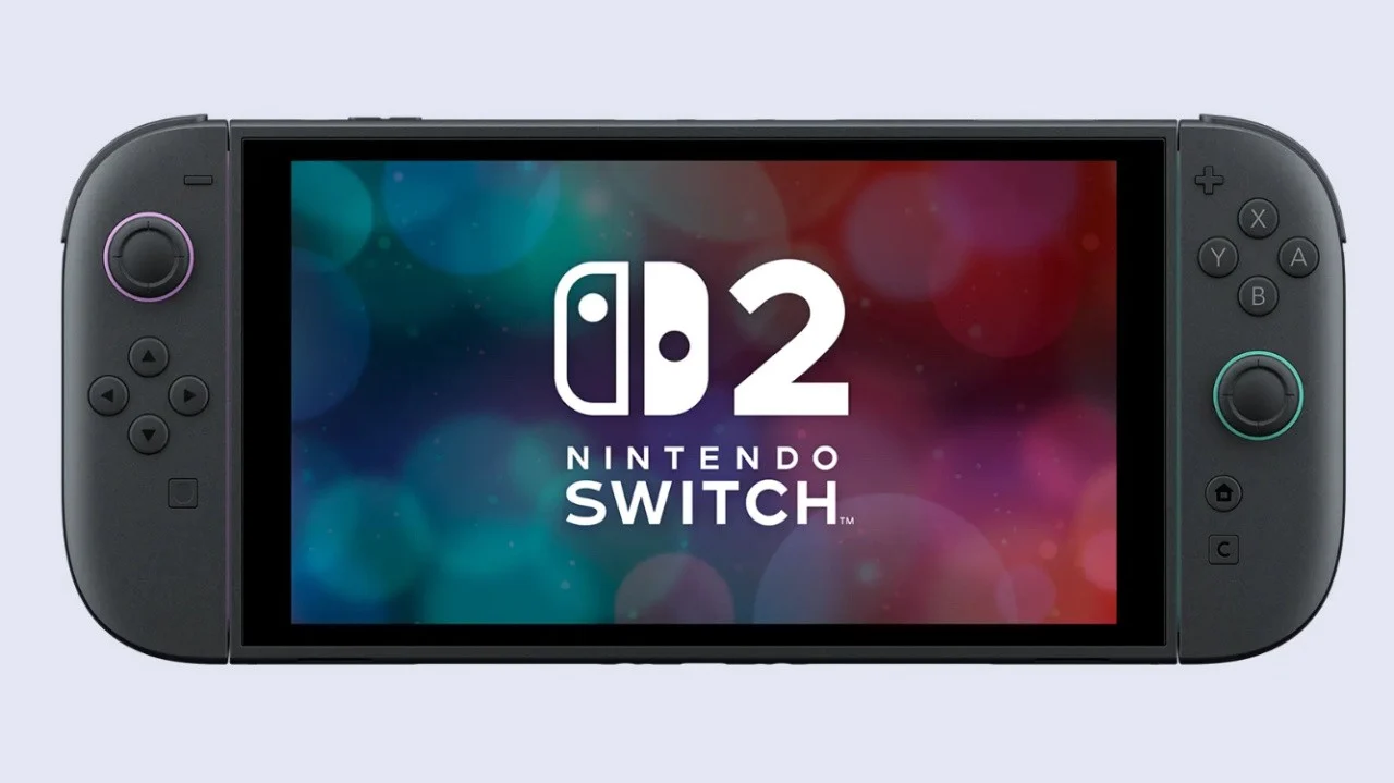 Nintendo Switch mit Logo und farbigem Bokeh-Hintergrund.