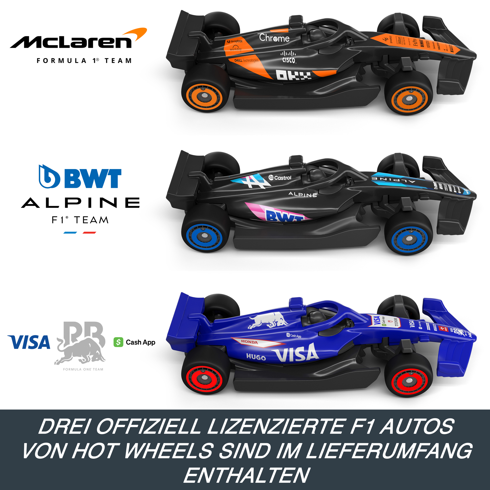 Drei Hot Wheels Formel 1 Autos: McLaren, Alpine und Visa RB in Nahaufnahme.