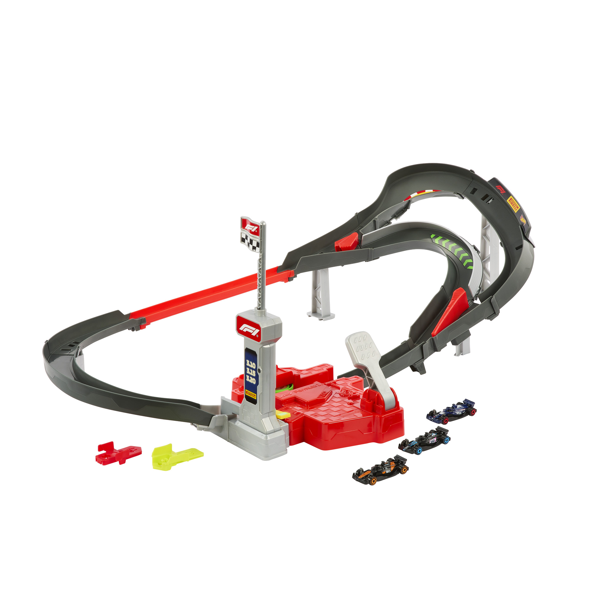 Spielzeug-Formel-1-Rennstrecke mit Autos und Startrampe. Graue und rote Teile.