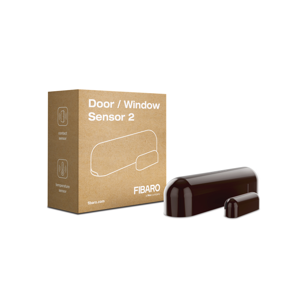 Ein brauner Karton mit der Aufschrift "Door / Window Sensor 2" und zwei braunen Sensoren.