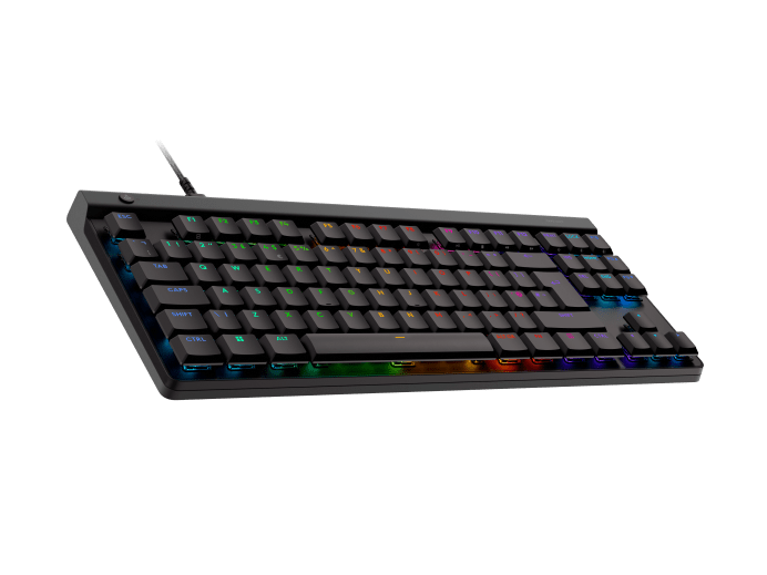 Fekete billentyűzet világító gombokkal és RGB fénycsíkkal.