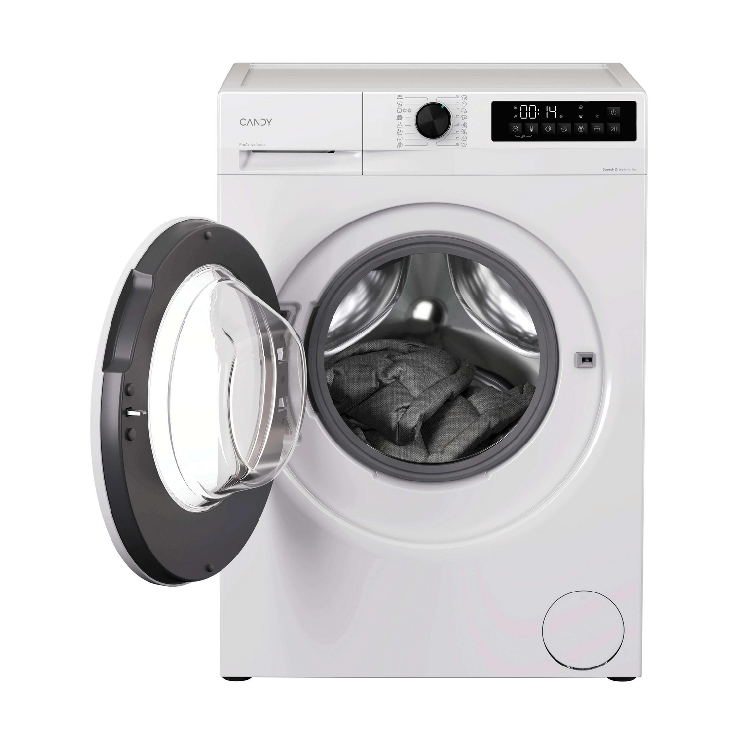 Una lavadora Candy blanca con la puerta abierta, llena de ropa gris.