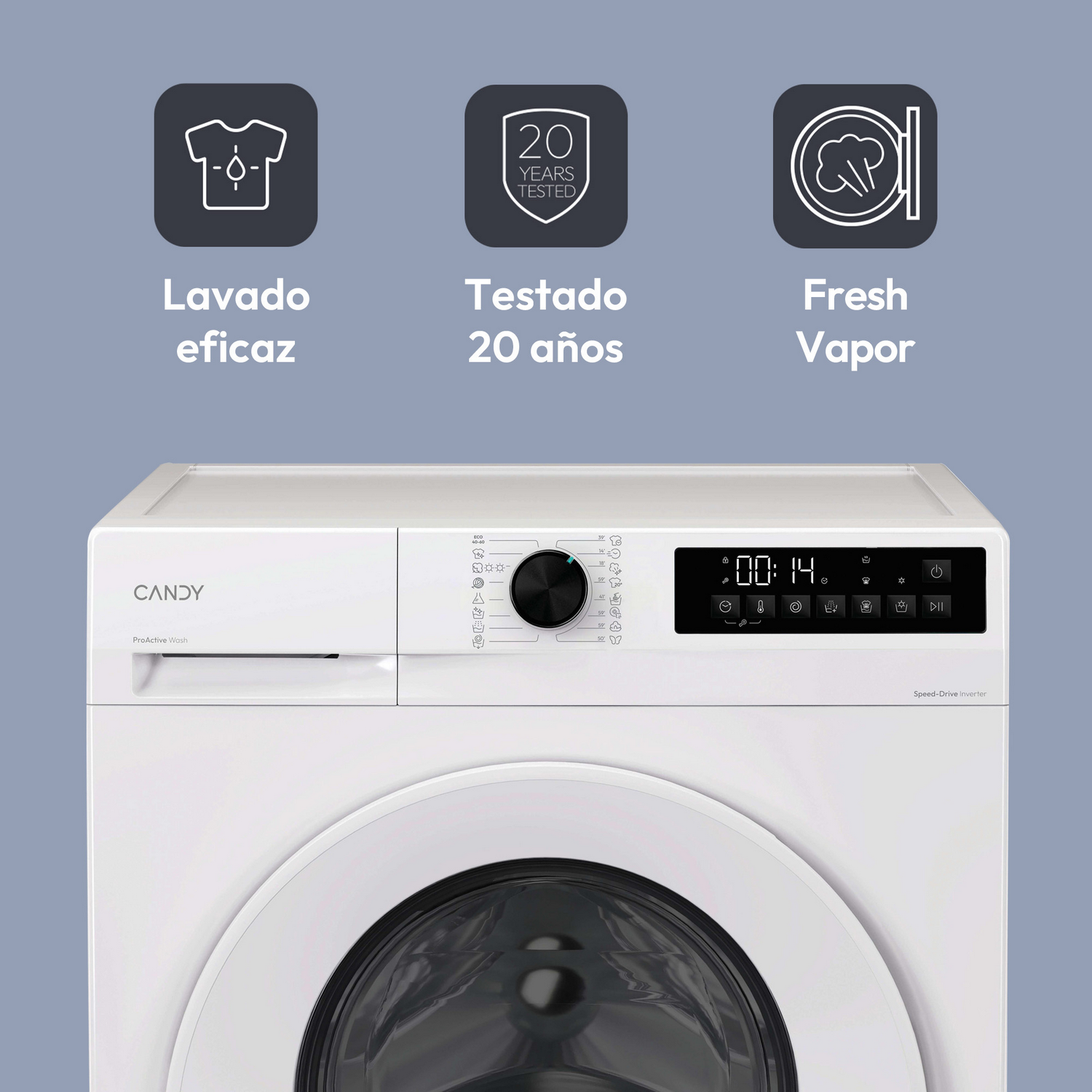 Una lavadora blanca con pantalla digital y tres iconos: ropa, 20 años probada, vapor.