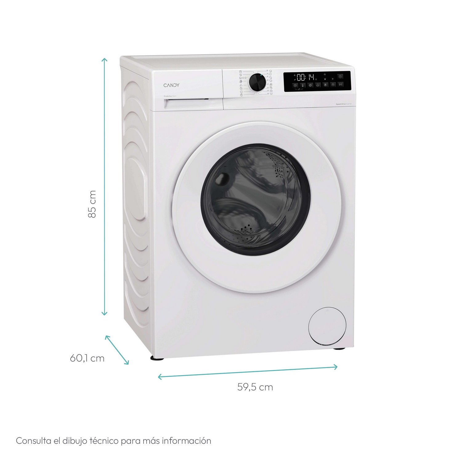 Lavadora Candy blanca con pantalla y medidas 85x60,1x59,5 cm.
