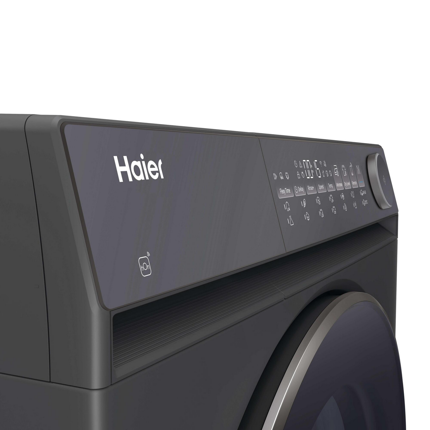 Lavadora Haier gris oscuro con pantalla digital y panel de control.