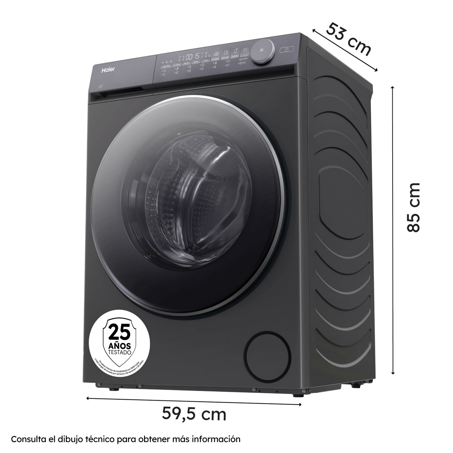 Lavadora Haier negra de 59,5x53x85 cm. Puerta de cristal.