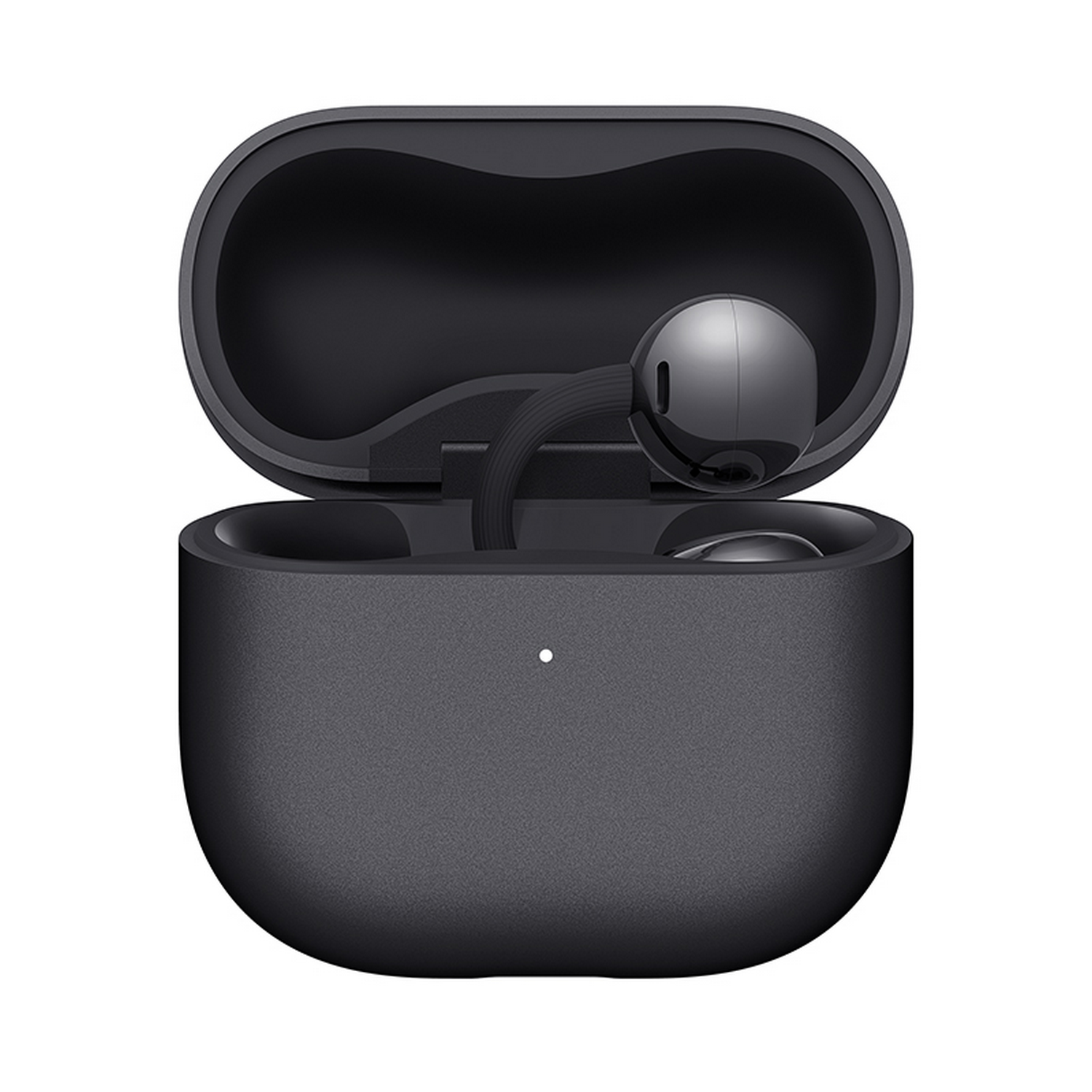 Un estuche de carga negro para auriculares inalámbricos con un auricular dentro.
