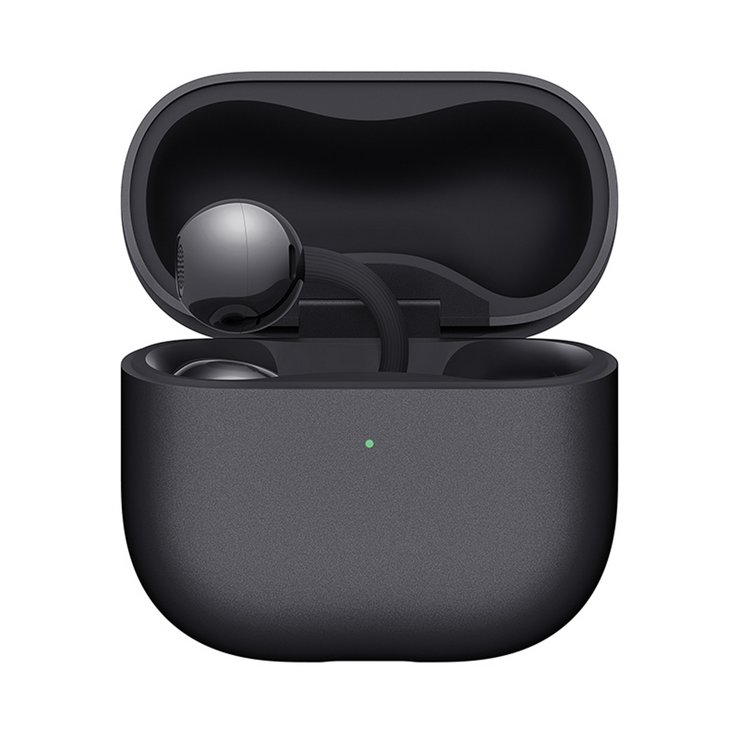 Un estuche de carga de auriculares negro con la tapa abierta, mostrando un auricular.
