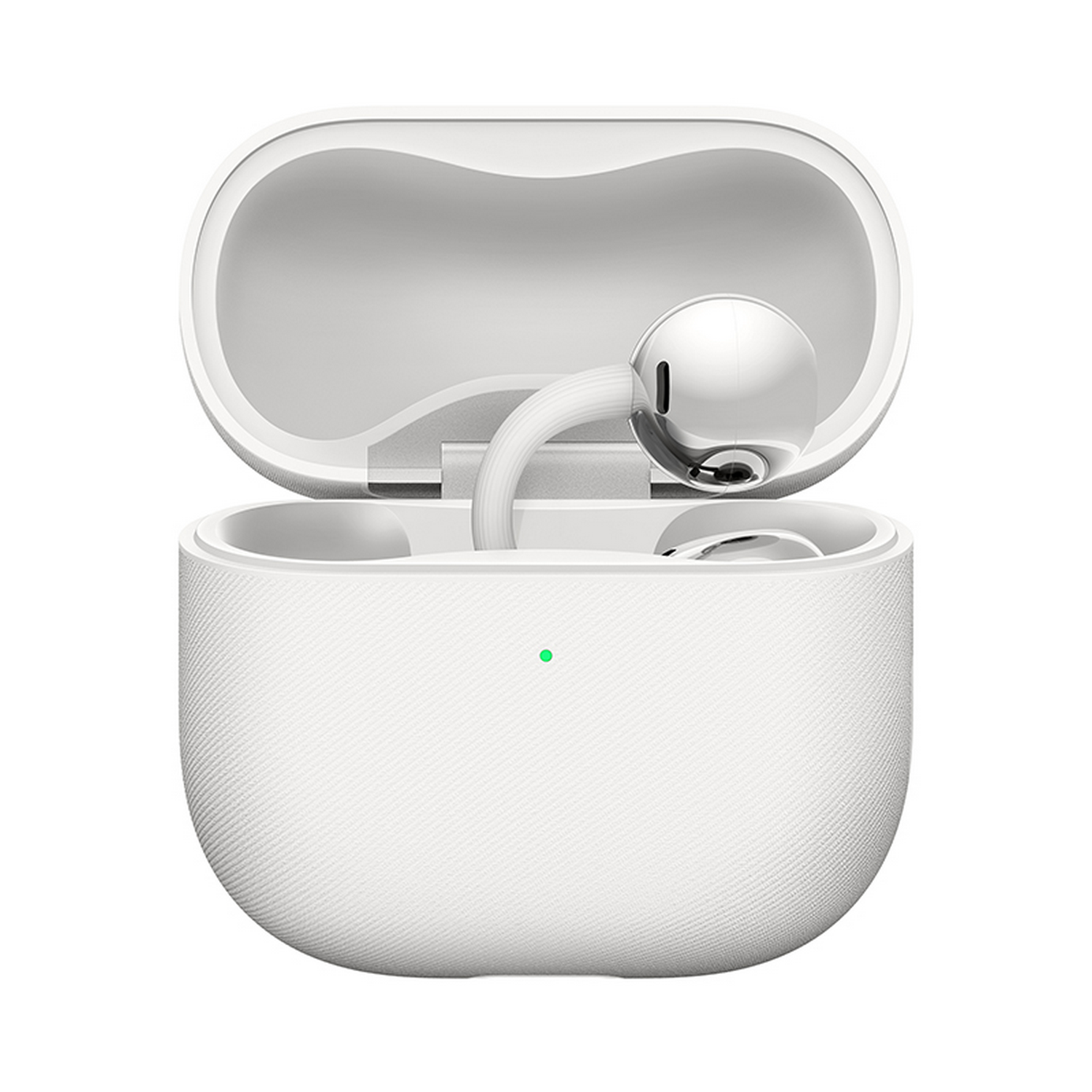 Un estuche de carga blanco con la tapa abierta, que contiene un solo auricular.