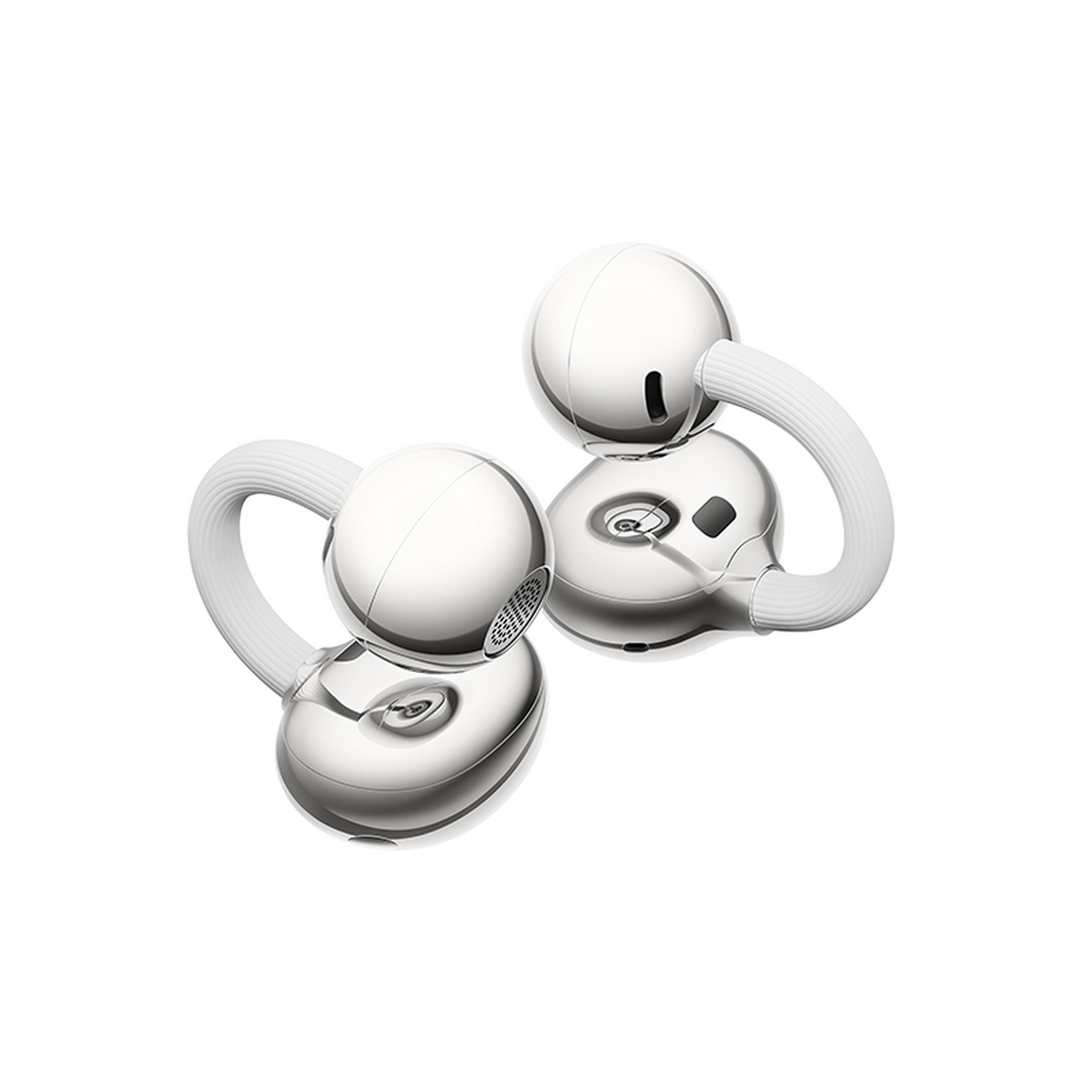 Dos auriculares blancos y brillantes con tallos curvos sobre fondo blanco.