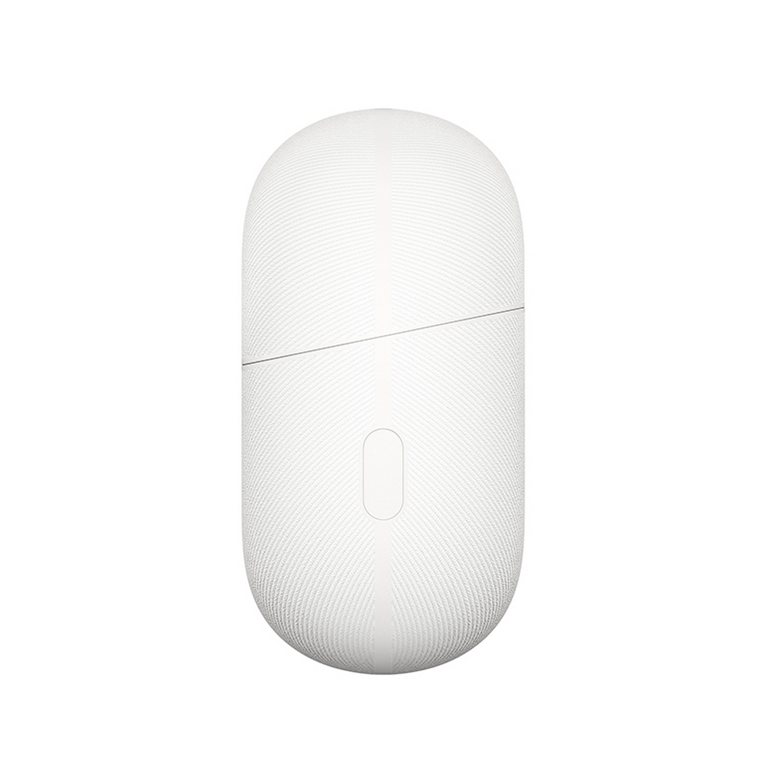 Un estuche de carga blanco, texturizado y con forma de píldora.