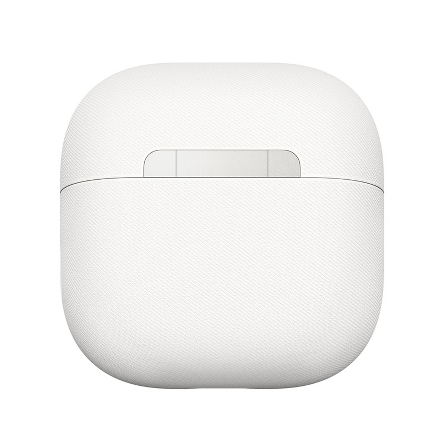 Un estuche de carga blanco para auriculares con banda plateada.