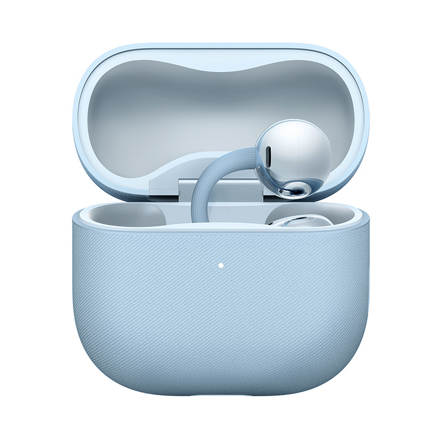Un estuche de carga azul claro con tapa abierta, auriculares blancos dentro.