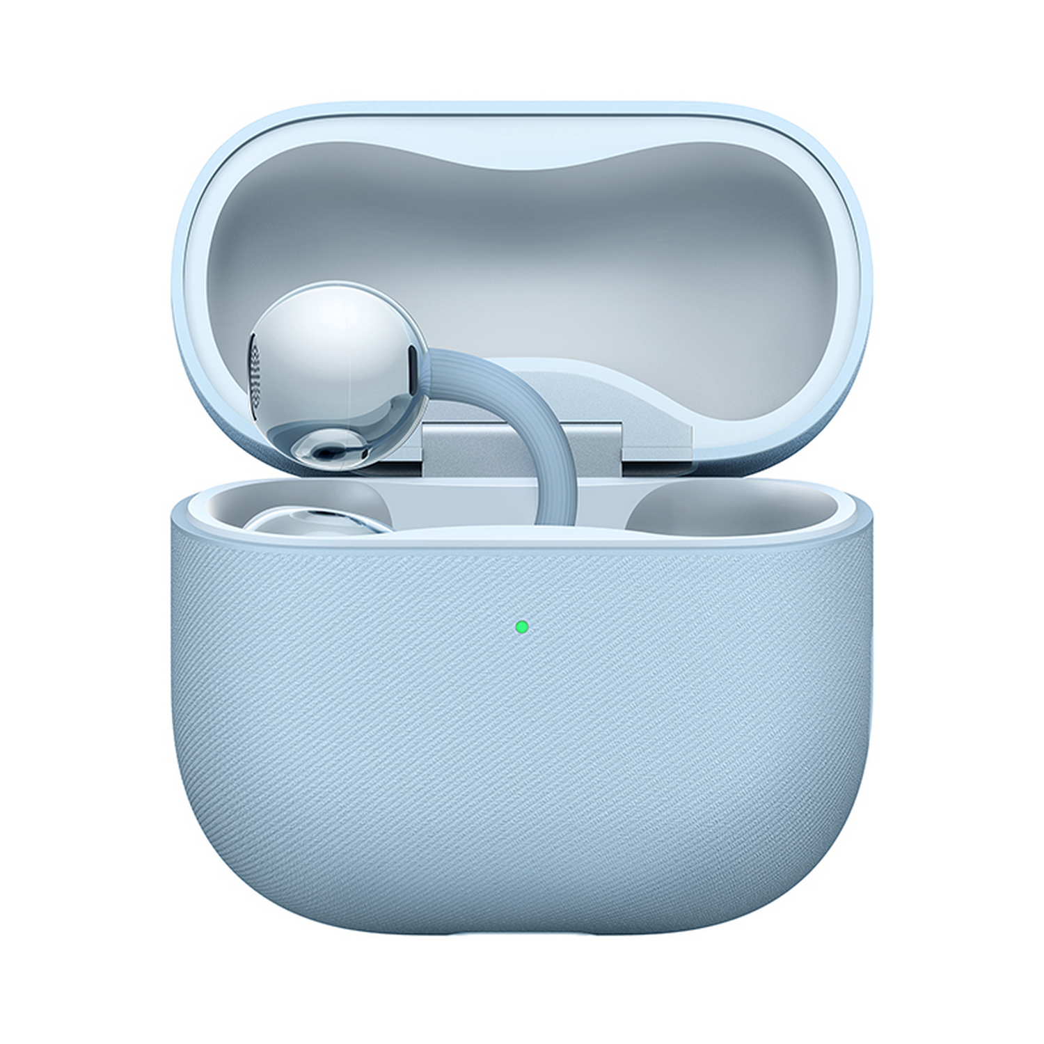 Un estuche de carga azul claro para auriculares con un auricular sobresaliendo.