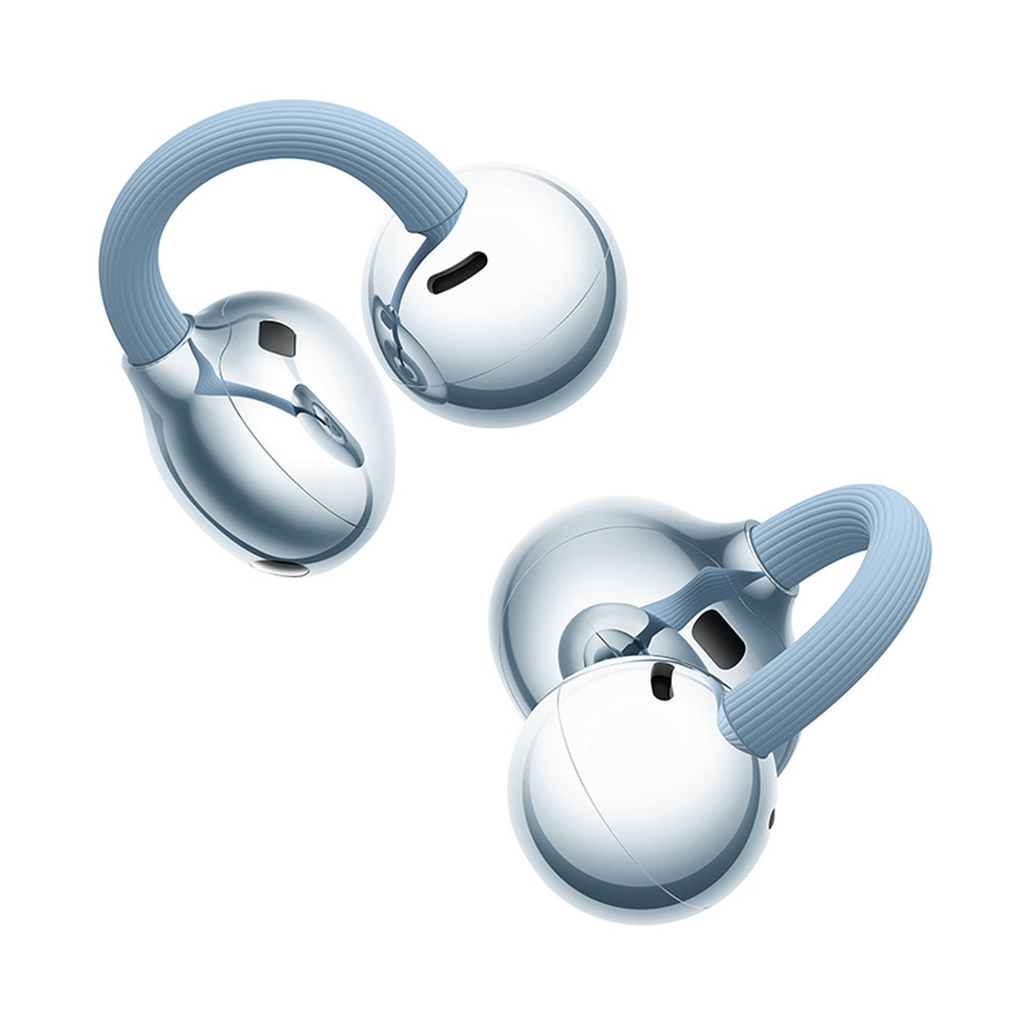 Dos auriculares plateados brillantes con bucles azul claro sobre fondo blanco.