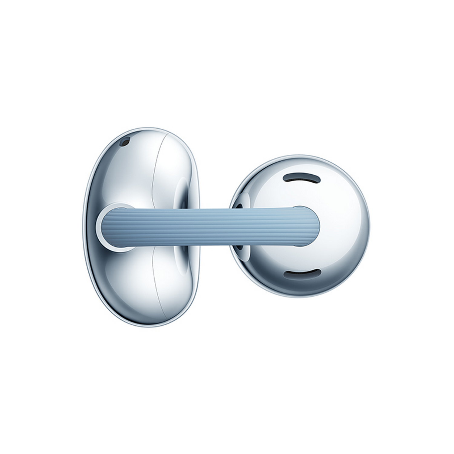 Un auricular plateado con cable azul sobre fondo blanco.