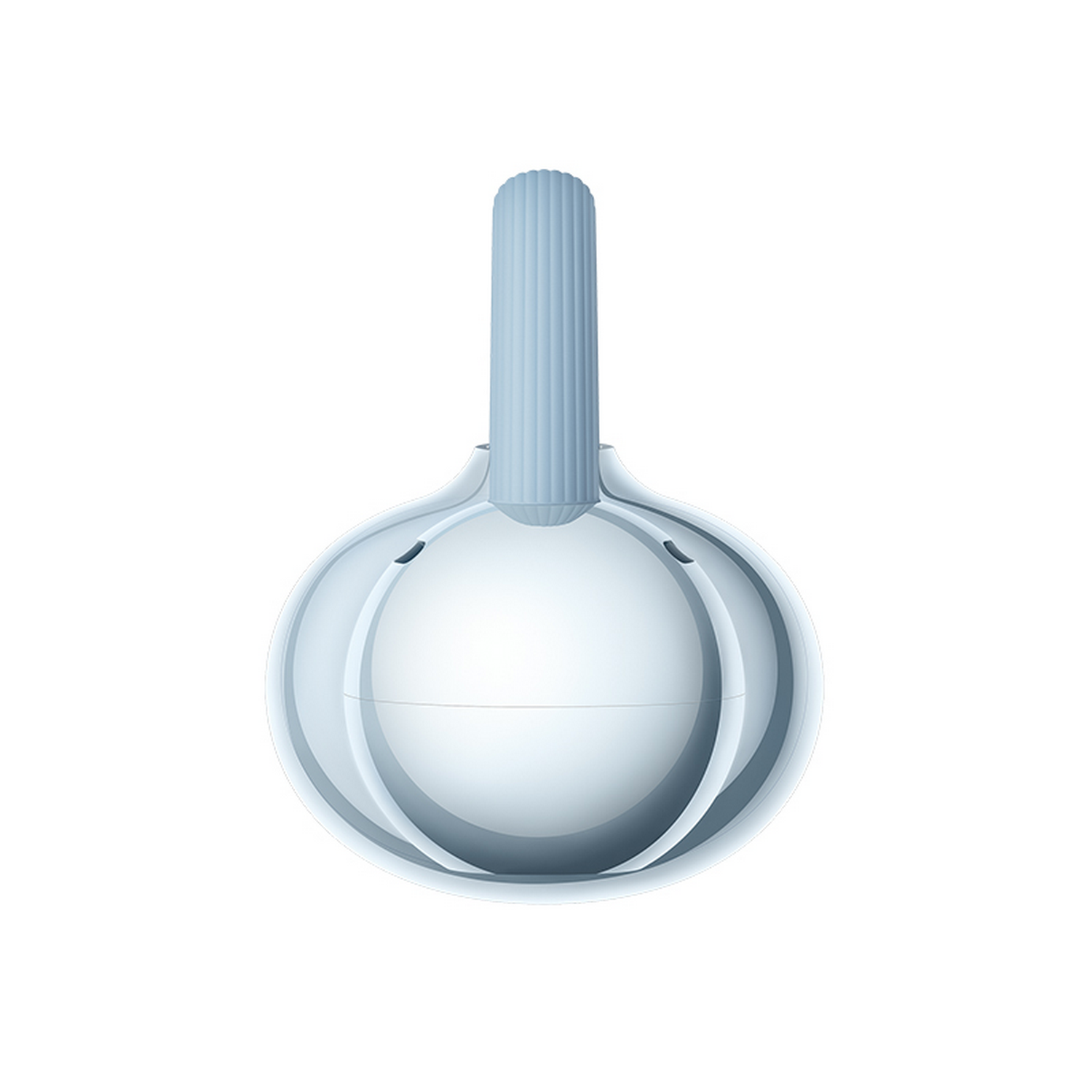 Un recipiente esférico transparente con un mango azul acanalado en la parte superior.