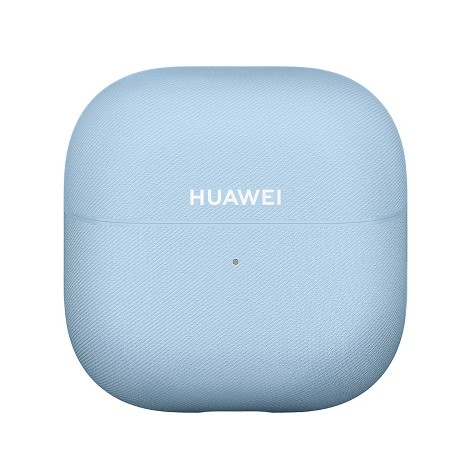 Un estuche de carga de audífonos Huawei azul claro, textura de tela. Logo arriba.