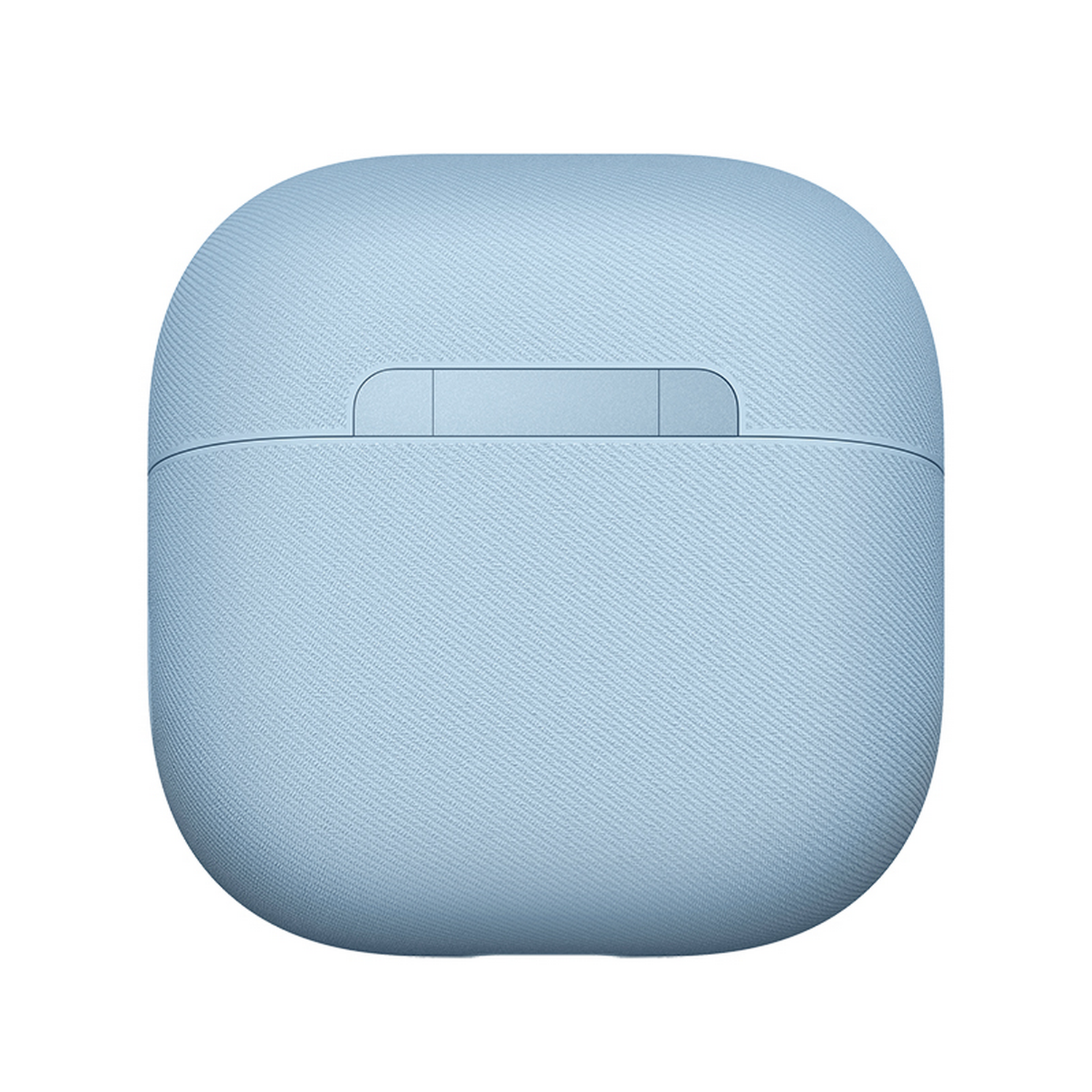 Un estuche de carga azul claro para auriculares sobre fondo blanco.