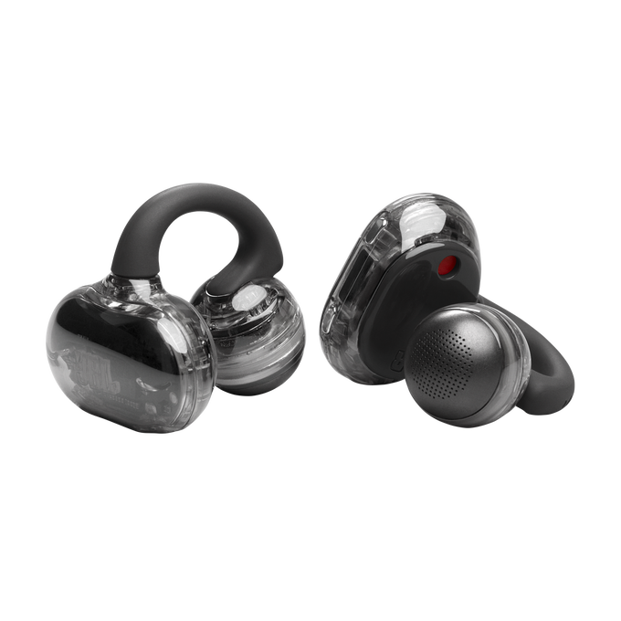 Auriculares transparentes con ganchos negros y detalles rojos.