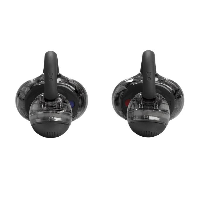 Dos auriculares negros transparentes con ganchos oscuros.