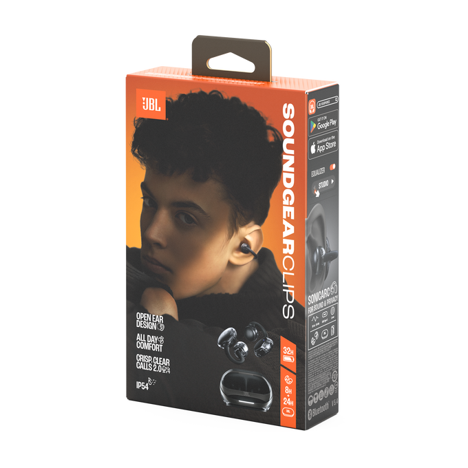 Embalaje de auriculares JBL Soundgear Clips con hombre joven e imagen del producto.