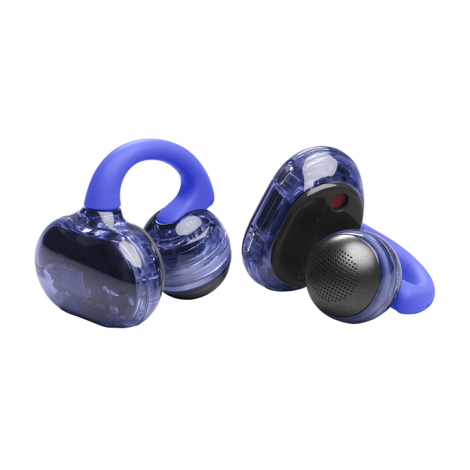 Dos auriculares azules transparentes con ganchos azules para la oreja.