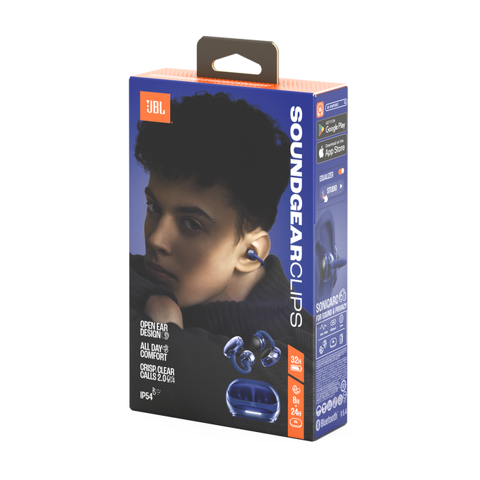 Caja JBL Soundgear Clips con rostro de joven y auriculares azules. Características listadas.
