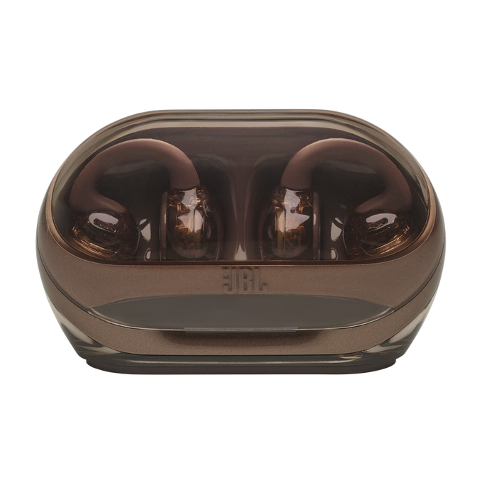 Auriculares JBL marrones en un estuche de carga.