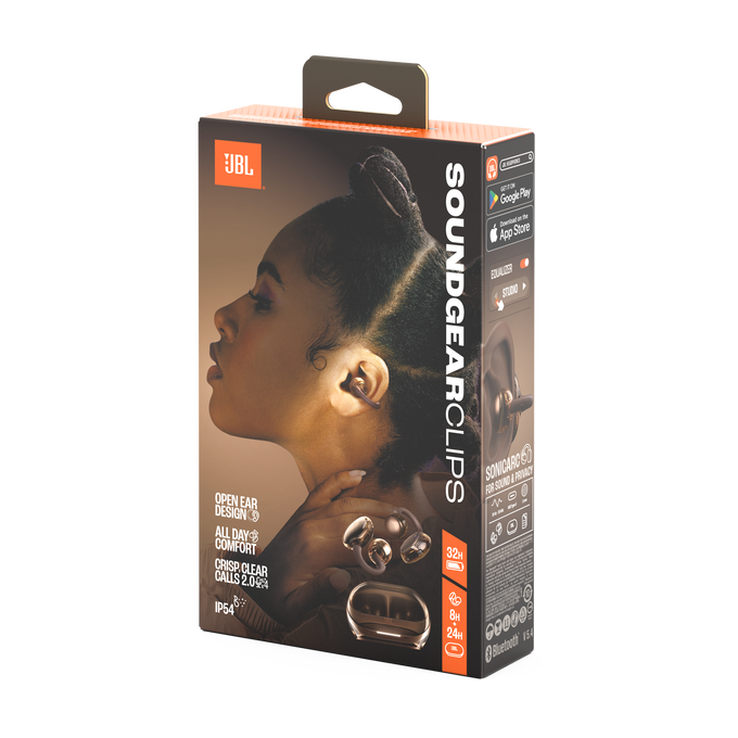 Embalaje JBL Soundgear Clips con mujer usando auriculares.