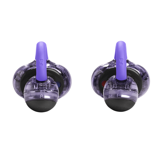 Dos auriculares morados transparentes con rejillas de altavoz negras.
