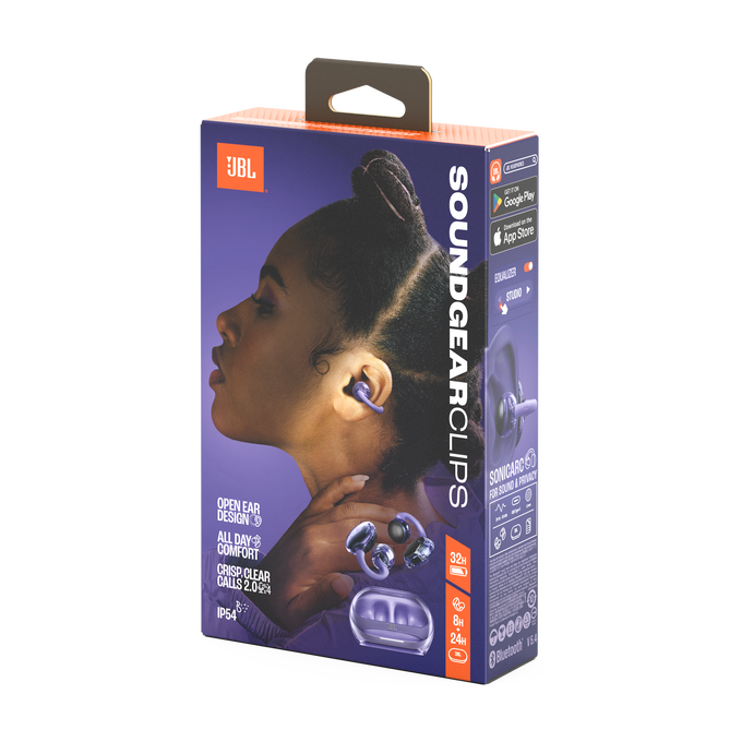 Empaque JBL Soundgear Clips con mujer y audífonos morados.