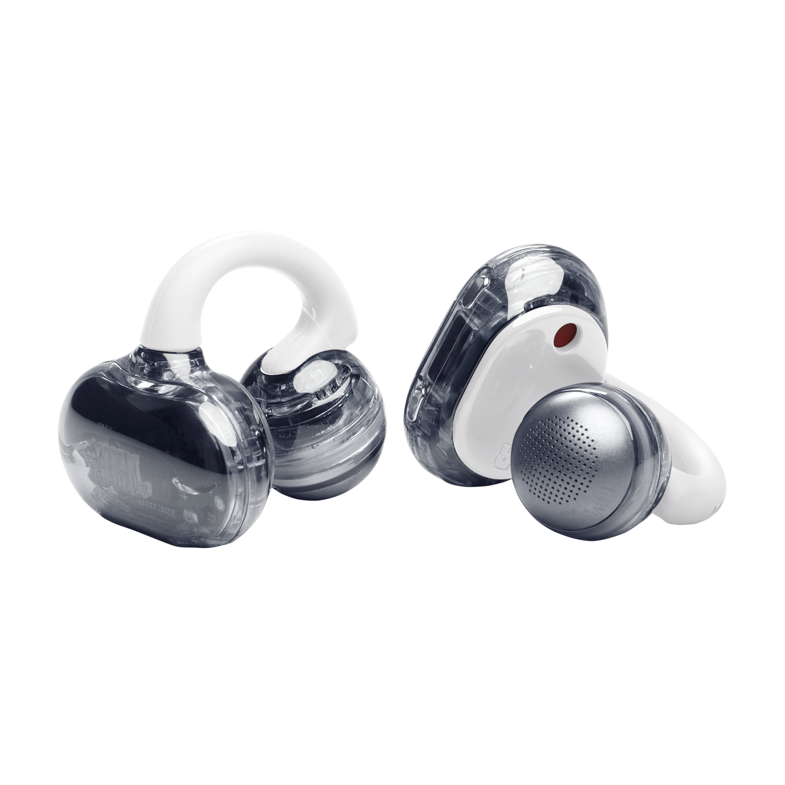 Dos auriculares transparentes con ganchos blancos sobre fondo negro.