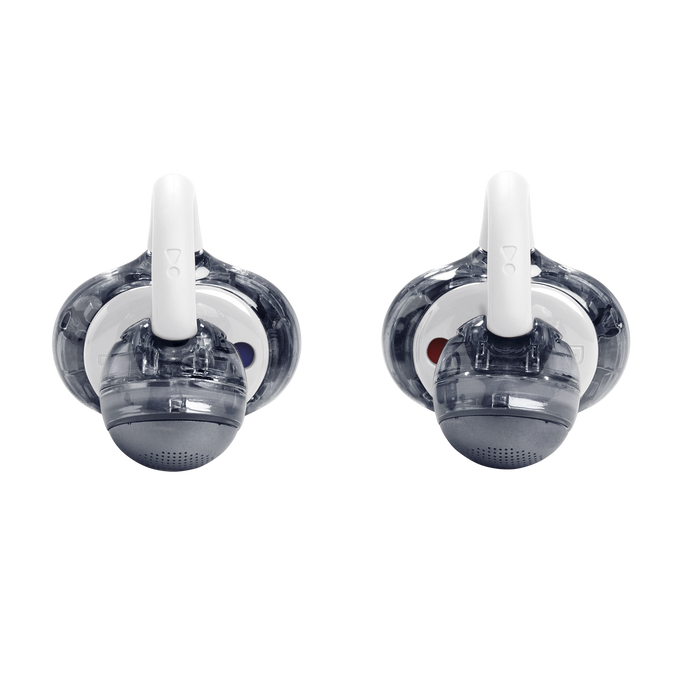 Dos auriculares transparentes con diademas blancas y partes de altavoz grises.