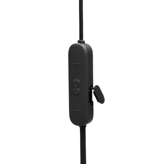 Controlador de audífonos en línea negro con botones de volumen y reproducción.
